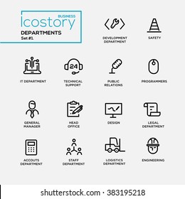 Set of modern vector office departments thin line flat design icons and pictograms. IT, accounting, tech support, head office, safety, public relations, programmers, designers, legal, logistics, 