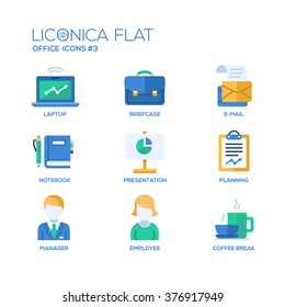 Set of modern vector office flat design icons and pictograms. Collection of business infographics objects and web elements
