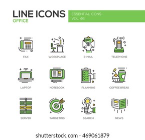 Set of modern vector office line design icons and pictograms. Fax, workplace, e-mail, telephone, laptop, notebook, planning, coffee break, sever targeting search news