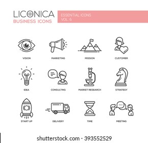 Set of modern vector office plain thin line flat design icons and pictograms. Collection of business infographics objects.  Marketing, customer, consulting, market, research, strategy, time, delivery