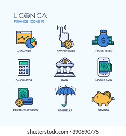 Set of modern vector office simple thin line flat design icons and pictograms. Collection of business infographics objects and web elements. Analytics, calculator, mobile bank, payment methods