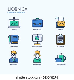 Set of modern vector office thin line flat design icons and pictograms. Business infographics objects and web elements collection: laptop, e-mail, planning, manager, employee, coffee break, notebook