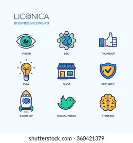 Set of modern vector office thin line flat design icons and pictograms. Collection of business infographics objects, web elements. Vision, SEO, idea, shop, security, start up, social media