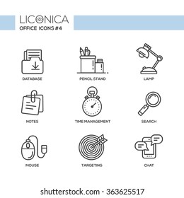 Set of modern vector office thin line flat design icons and pictograms. Collection of business infographics objects and web elements. Database, lamp, time management, search, mouse, targeting, chat.