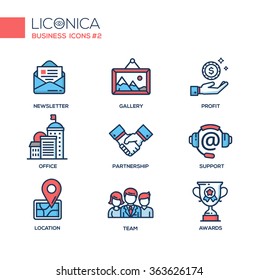 Set of modern vector office thin line flat design icons and pictograms. Collection of business infographics objects and web elements. Newsletter, gallery, partnership, support, team, awards