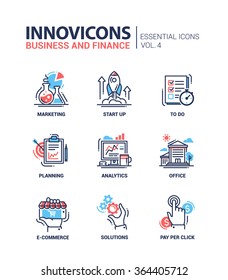 Set of modern vector office thin line flat design icons and pictograms. Collection of business and finance infographics objects and web elements. Marketing, start up, to do list, planning, analytics