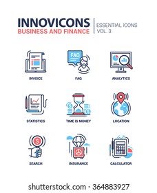 Set of modern vector office thin line flat design icons and pictograms. Collection of business and finance infographics objects and web elements. Invoice, FAQ, analytics, statistics, search, location.