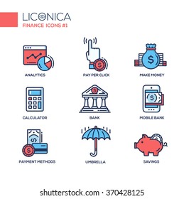 Set of modern vector office thin line flat design icons and pictograms. Collection of business infographics objects and web elements. Analytics, pay per click, make money, calculator, bank, savings