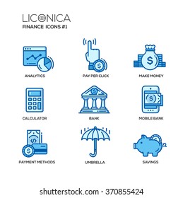 Set of modern vector office thin line flat design icons and pictograms. Collection of business infographics objects and web elements. Analytics, make money, calculator, mobile bank, savings