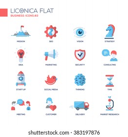 Set of modern vector office thin line flat design icons and pictograms. Collection of business infographics elements. Marketing,  consulting, market, research, strategy, time, delivery, meeting