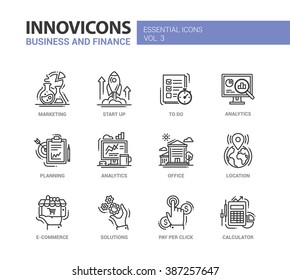 Set of modern vector office thin line flat design icons and pictograms. Marketing, start up, to do list, planning, analytics, e-commerce, solutions, pay per click, location, calculator, 