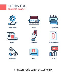 Set of modern vector office thin line flat design icons and pictograms. Collection of business infographics objects, web elements. Solutions, comments, news, payment, attachments, services, info, faq