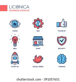 Set of modern vector office thin line flat design icons and pictograms. Collection of business infographics objects and web elements. Vision, SEO, idea, shop, security, start up, social media