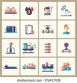 Set of modern vector oil and gas industry flat design icons and pictograms. Collection of infographics objects and web elements