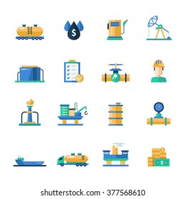 Set of modern vector oil and gas industry flat design icons and pictograms. Collection of infographics objects and web elements