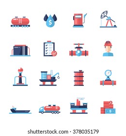Set of modern vector oil and gas industry flat design icons and pictograms. Collection of infographics objects and web elements