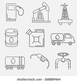 Set of modern vector outline, contour icons of oil industry. Oil rig, oil rig, a canister of gasoline, a barrel of gasoline, oil pipeline, gas gun, gas station, oil transportation.