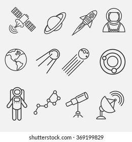 Set of modern vector outline contour space  icons. Astronautics  illustration. Outline space icons. Vector  contour astronautics icons. Icons of astronaut, satellite, planets, constellations, rocket