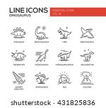 Set of modern vector plain line design icons and pictogram of dinosaurs species, prehistoric age life. Stegosaur, t-rex, brontosaurus, ornitosaurus, plesiosaurus, triceratops, velociraptor