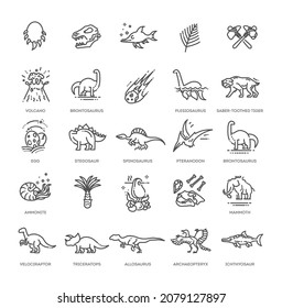 Set of modern vector plain line design icons and pictogram of dinosaurs species, prehistoric age life