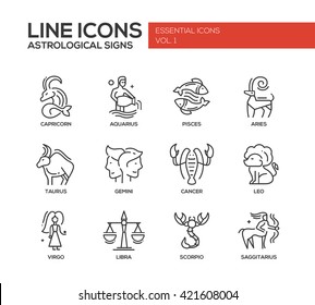 Conjunto de ícones modernos de design de linha simples vetorial e pictogramas de signos do zodíaco. Capricórnio, aquário, Peixes, Áries, Touro, Gêmeos, câncer, Leão, Sagitário, Virgem