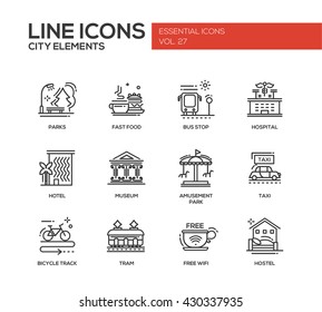 Set of modern vector plain line design icons and pictograms of city buildings and elements. Hotel, bus stop, museum, taxi, bicycle track, wifi, hostel, tram, hospital, fast food, parks, amusement park