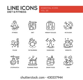 Set of modern vector plain line design icons and pictograms of diet, fitness and healthy lifestyle elements. Weight scales, pulse, exercises, bike, sport, sugar free food, stopwatch, running track