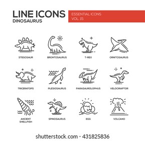 Set of modern vector plain line design icons and pictogram of dinosaurs species, prehistoric age life. Stegosaur, t-rex, brontosaurus, ornitosaurus, plesiosaurus, triceratops, velociraptor