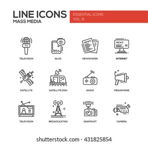 Set of modern vector plain line design mass media icons and pictograms. Tv, newspaper, blog, internet, radio satellite, megaphone, broadcasting, camera, snapshot