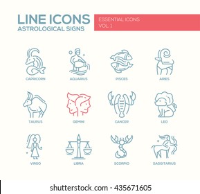 Set of modern vector plain line design icons and pictograms of 12 zodiac signs. Capricorn, aquarius, pisces, aries, taurus, gemini, cancer, leo, sagittarius, virgo