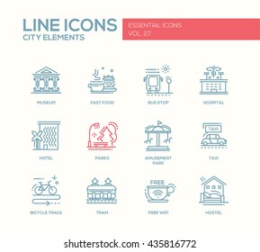 Set of modern vector plain line design icons and pictograms of city buildings and elements. Hotel, bus stop, museum, taxi, bicycle track, wifi, hostel, tram, hospital, fast food, parks, amusement park
