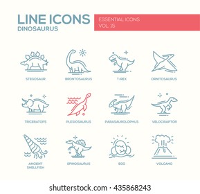 Set of modern vector plain line design icons and pictograms of dinosaurs species, prehistoric age life. Stegosaur, t-rex, brontosaurus, ornitosaurus, plesiosaurus, triceratops, velociraptor