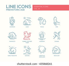 Set of modern vector plain line design icons and pictograms of prehistoric age life. Caveman, cave, tools, fire, fire, mammoth, sabre-toothed tiger, worship, fishing, early man site, sowing, rock art