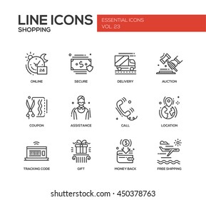 Set of modern vector plain line design icons and pictograms of shopping process elements. Online, secure, delivery, auction, coupon, assistance, call, location, tracking, gift, money back shipping