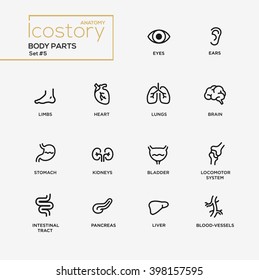Set of modern vector plain simple thin line design icons and pictograms. Internal parts of body, brain, bladder, liver, stomach, kidneys, locomotor system, intestinal tract, pancreas