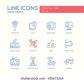 Set of modern vector plain simple line design mass media icons and pictograms. Tv, newspaper, blog, internet, radio satellite, megaphone, broadcasting, camera, snapshot