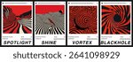 Set of modern vector posters in Op Art style, featuring swirling lines and bold abstract shapes. The compositions have strong movement and depth with stripes forming waves, spirals, and vortexes.