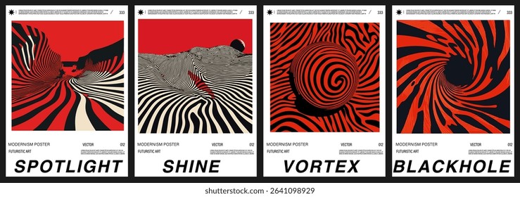 Set of modern vector posters in Op Art style, featuring swirling lines and bold abstract shapes. The compositions have strong movement and depth with stripes forming waves, spirals, and vortexes.