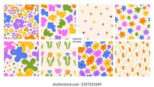Set of modern vector seamless pattern. Colorful abstract trendy background. Simple shapes hand drawn repeatable backdrop for surface