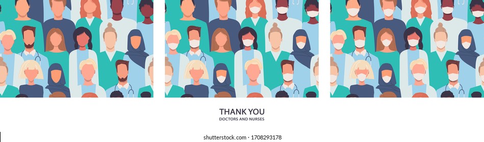 Set of modern vector seamless patterns in flat style. Healthcare workers, medical staff. Thank you doctors and nurses helping people to cope with novel coronavirus COVID-19. Quarantine. Stay home
