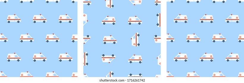 Set of modern vector seamless patterns in flat style. Endless texture, wallpaper, background, fabric print. White ambulance car. Medical vehicle. Emergency. Urgent medicine. Health care design concept