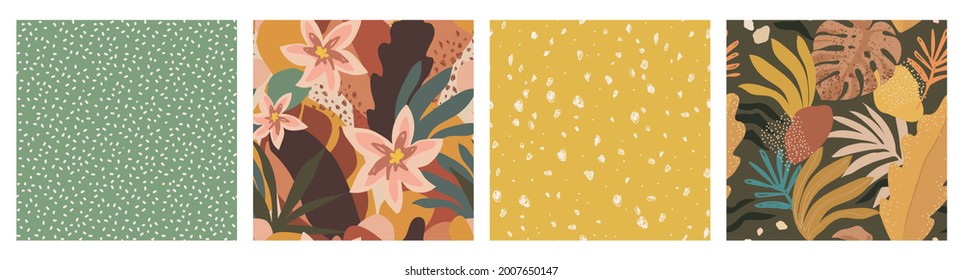 Set of modern vector seamless patterns with tropical plants. Trendy abstract design. Hand drawn textures for printing on fabric, paper, cover, interior decor, posters.