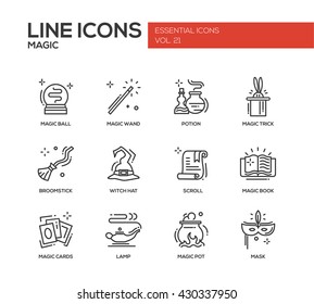 Set of modern vector simple line design icons and pictograms of magic and fairy tale elements. Wand, potion, trick, witch hat, broomstick, mask, lamp, cards, pot, scroll, book