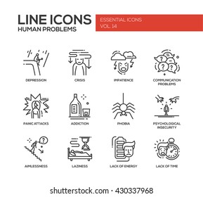 Set of modern vector simple line design icons and pictograms of common human psychological problems. Crisis, impatience, depression, panic, insecurity, phobia, addictions, laziness, energy, time lack