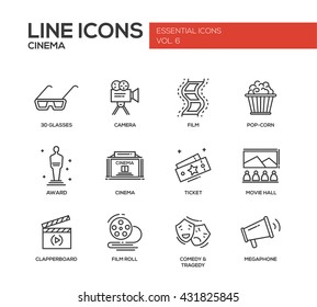 Set of modern vector simple line design icons and pictograms of cinema and movie production, camera, award, cinema ticket, hall, clapperboard, film roll, comedy, tragedy, megaphone