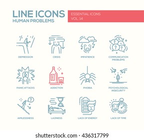 Set of modern vector simple line design icons and pictograms of common human psychological problems. Crisis, impatience, depression, insecurity, addictions, aimlessness, laziness, energy, time lack