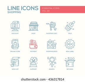 Set of modern vector simple line design icons of shopping process elements. Discount, shopping cart, shop, sale, online store, payment, bags, new label, wish list, support, search, returns