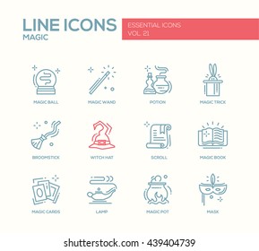 Set of modern vector simple line design icons and pictograms of magic and fairy tale elements. Wand, potion, trick, witch hat, broomstick, mask, lamp, cards, pot, scroll, book