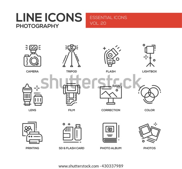 現代のベクター画像の単純な線のデザインアイコンと写真用具や機材の絵文字のセット カメラ ライトボックス 三脚 フラッシュ レンズ フィルム カラー 補正 写真 印刷 のベクター画像素材 ロイヤリティフリー