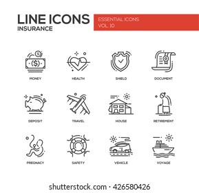 Set of modern vector simple plain line design icons and pictograms of types and kinds of insurance. Health, money, document, shield, deposit, travel, house, retirement, pregnancy, safety, voyage